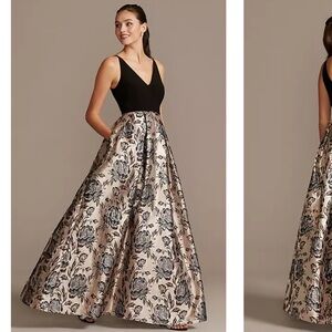 V-neck Ball Gown with Floral Jacquard Skirt